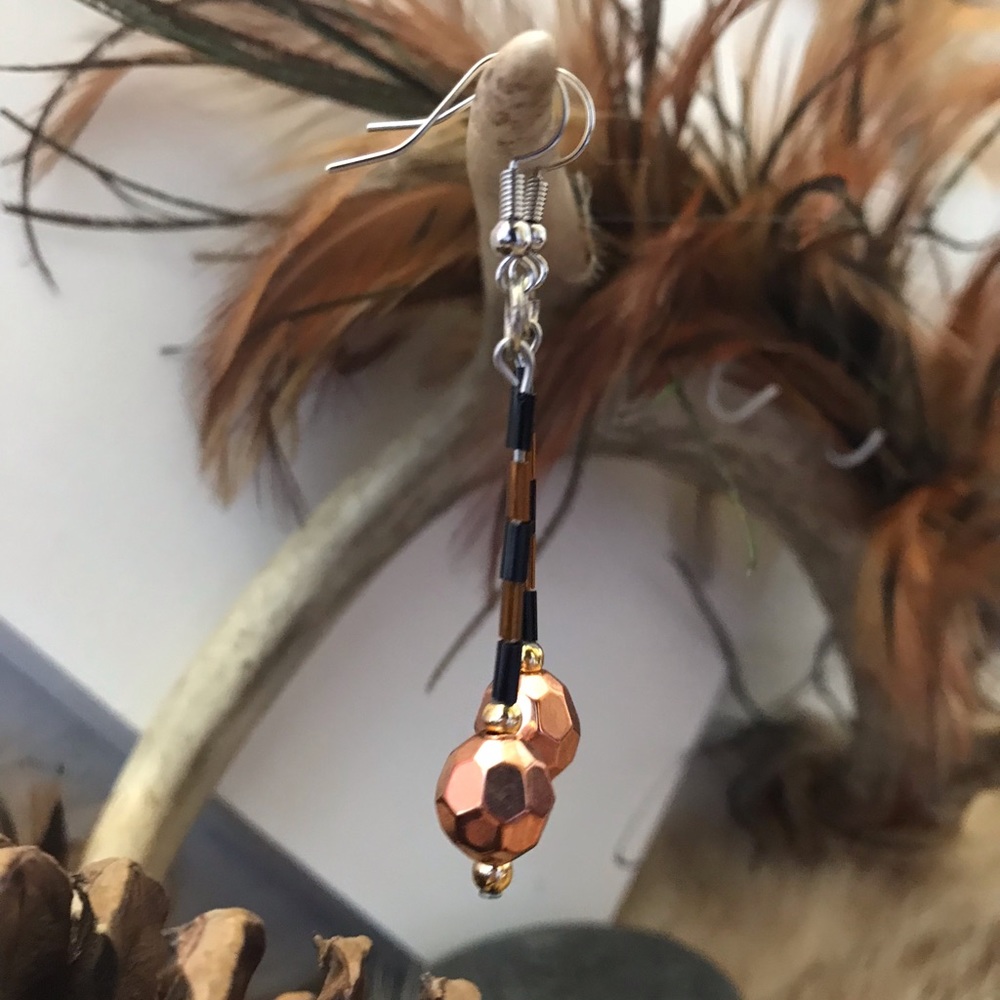 Copper and black glass bead earrings